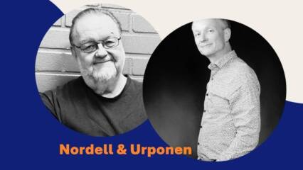 Mainoskuva, jossa Risto Nordellin ja Ville Urposen mustavalkoiset kuvat.