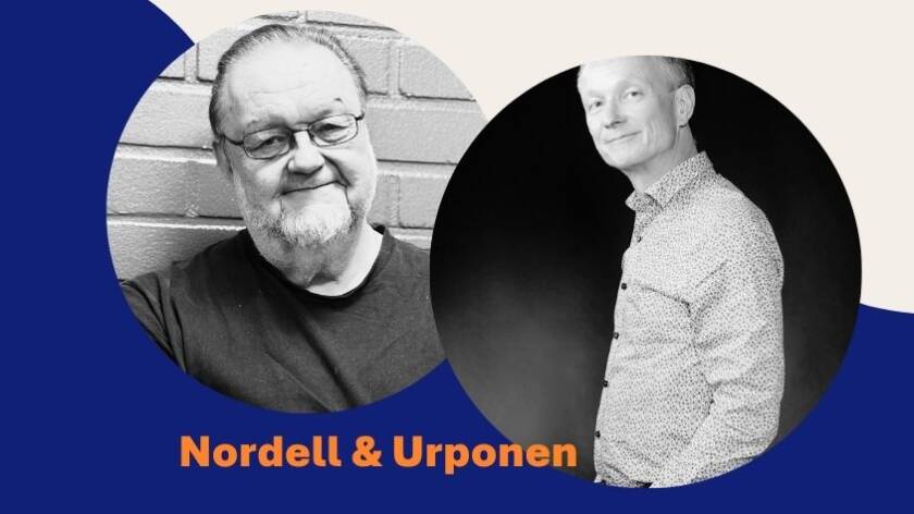 Mainoskuva, jossa Risto Nordellin ja Ville Urposen mustavalkoiset kuvat.