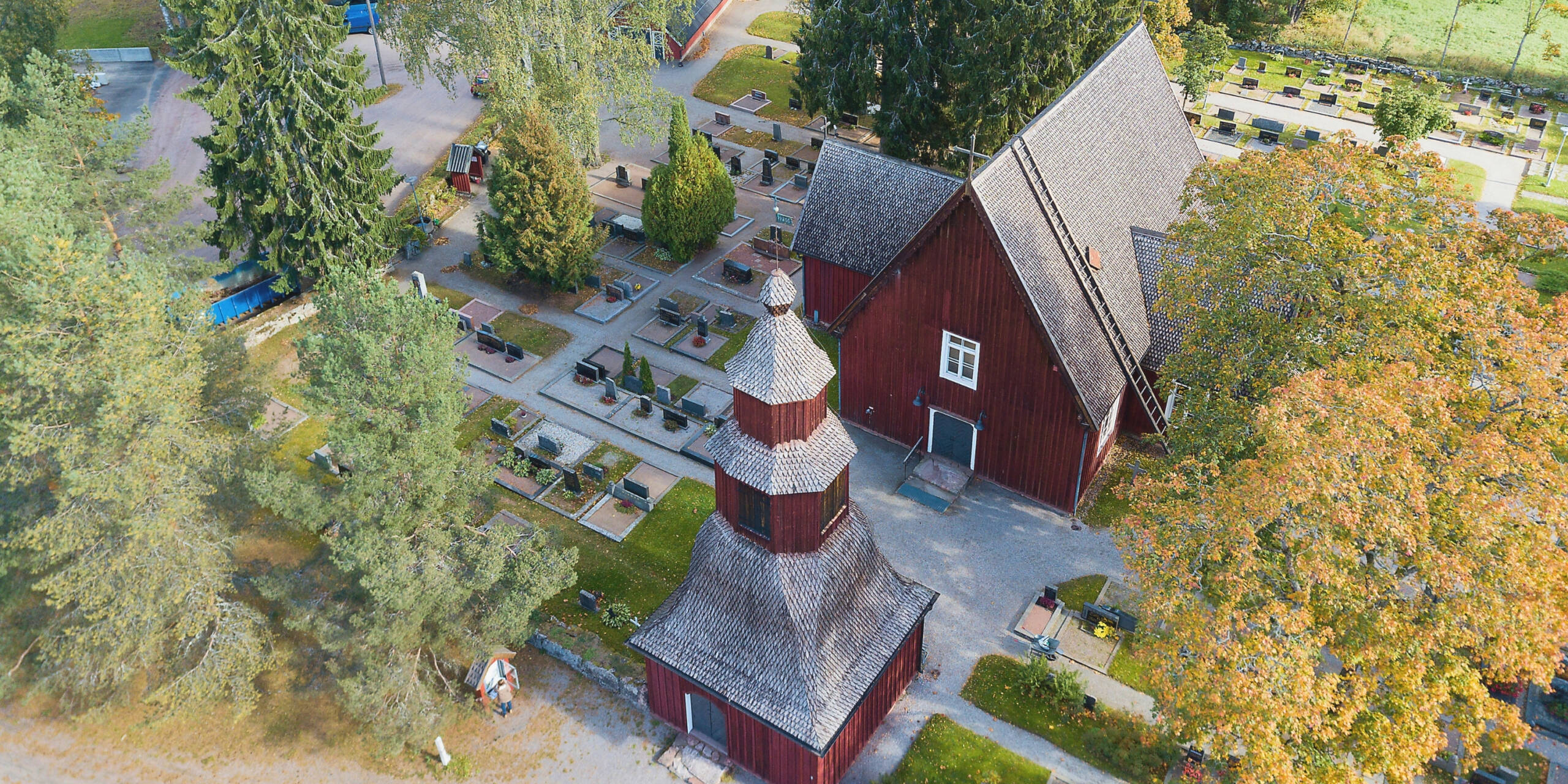 Ilmakuva punaisesta puukirkosta ja hautausmaasta, ympärillä puita ja nurmialueita.