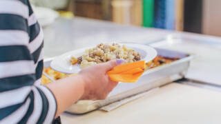 Kädet, jotka pitelevät täyttä ruokalautasta.