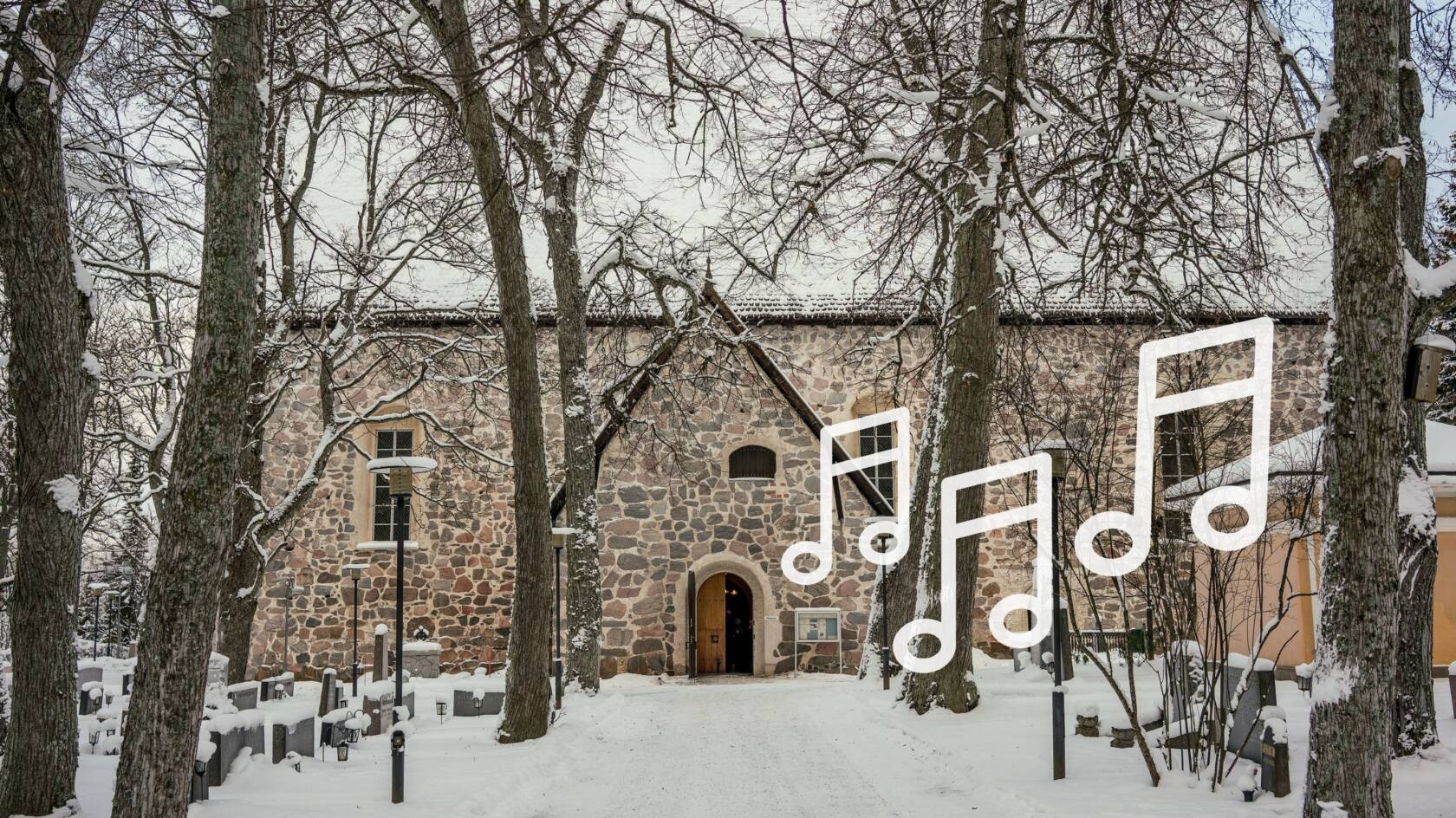 Pyhän Laurin kirkko ja nuottigrafiikka.