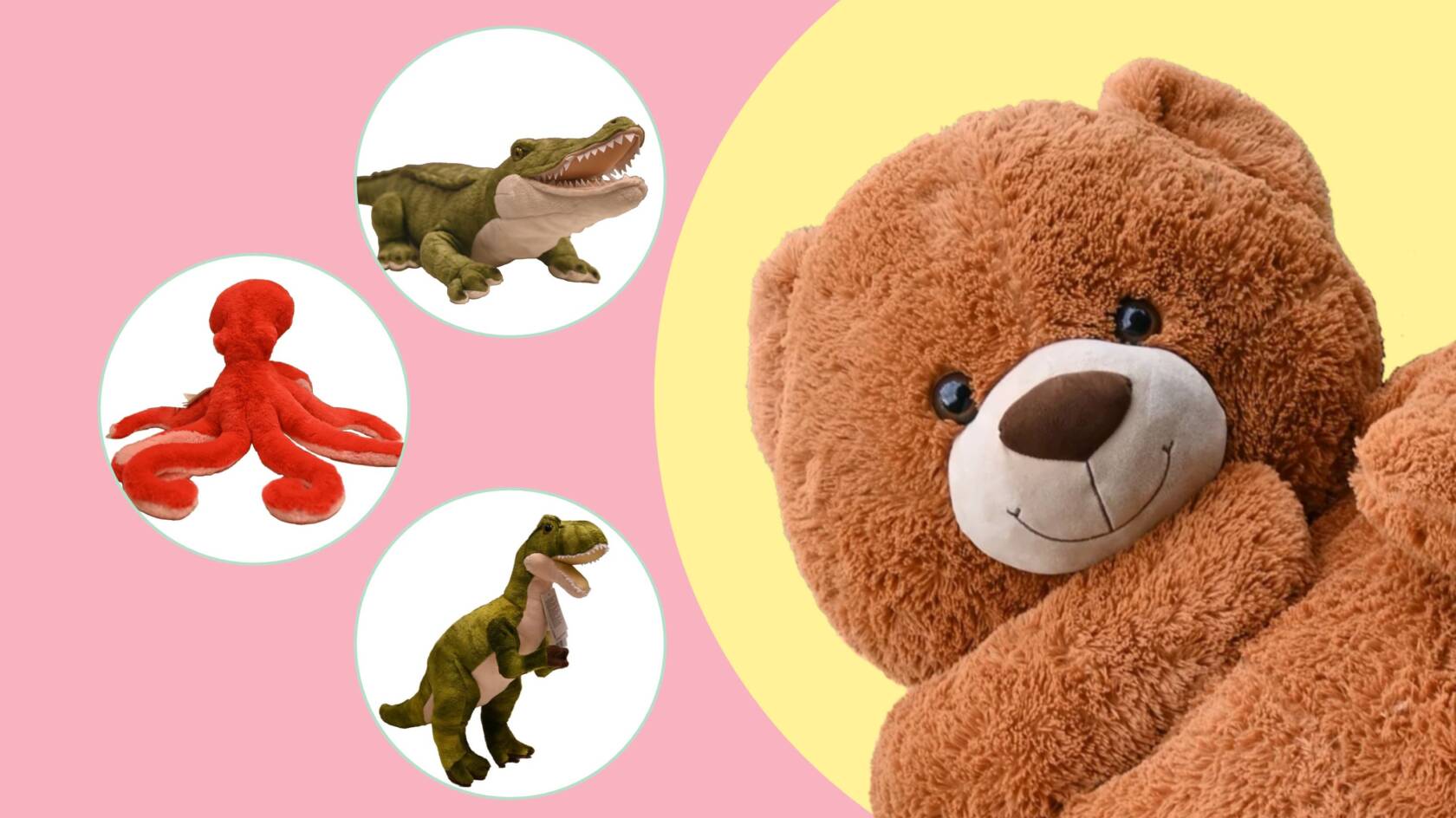 Krokottiili, mustekala, dinosaurus ja nalle pehmolelut.