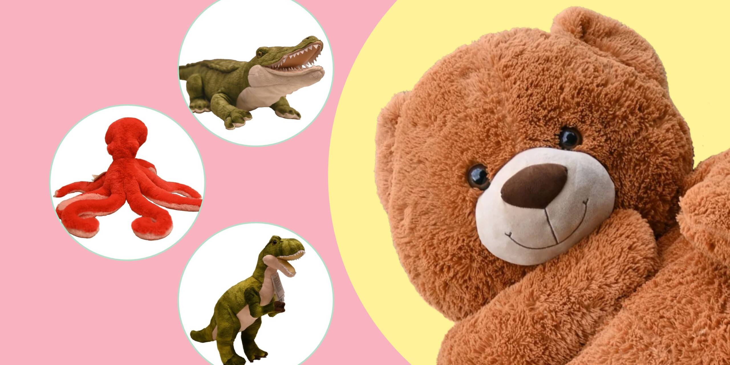 Krokottiili, mustekala, dinosaurus ja nalle pehmolelut.